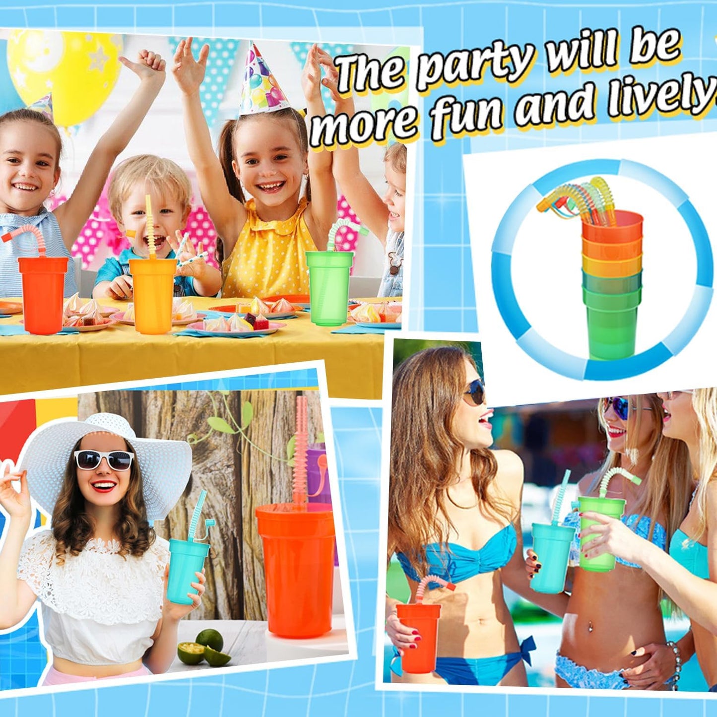6 Pack Kids Party Cups with Lid and Straws