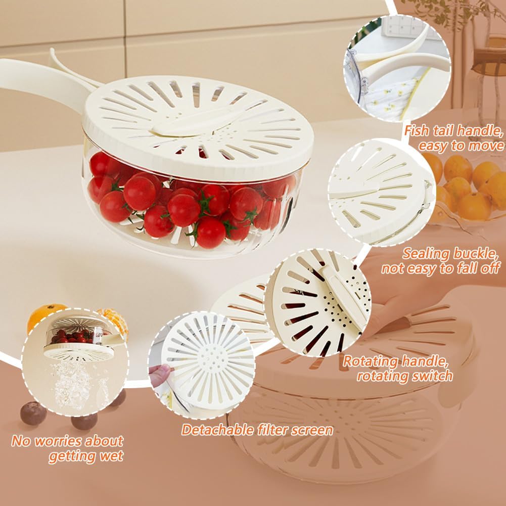 Fruit Drain Basket with Lid Foldable Handle, Fruit Strainer Colander Bowl, Kitchen Draining Basket