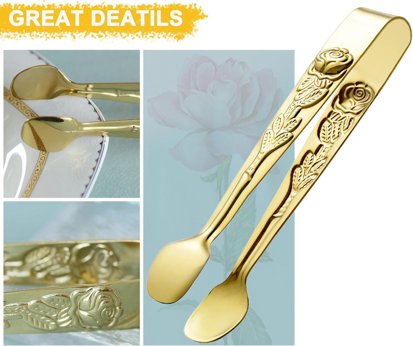 Mini Serving Tongs 5-Inch Small Rose Sugar Cube Appetizer Tongs, Set of 6 (Gold)